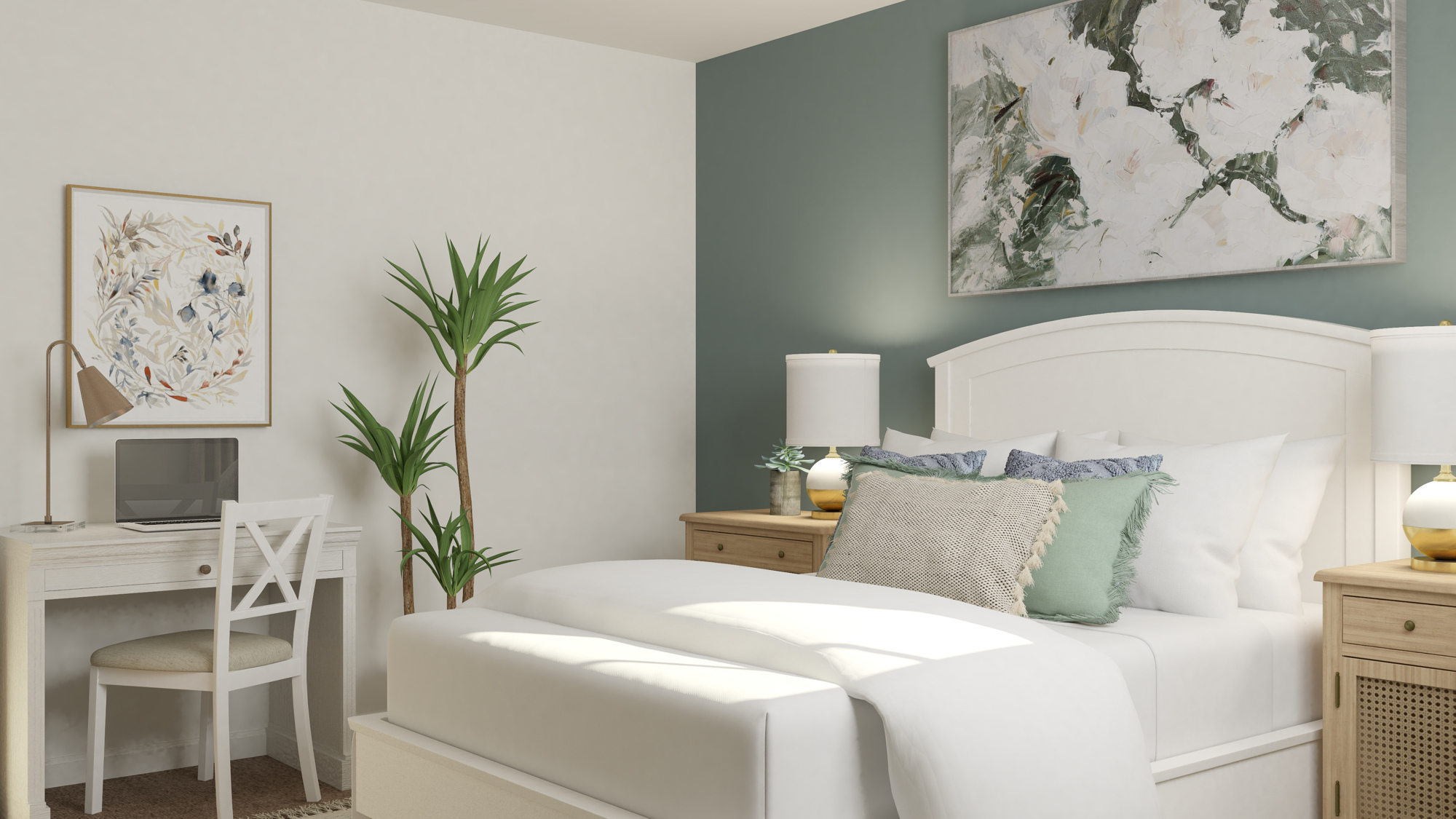 A white bed with green pillows.