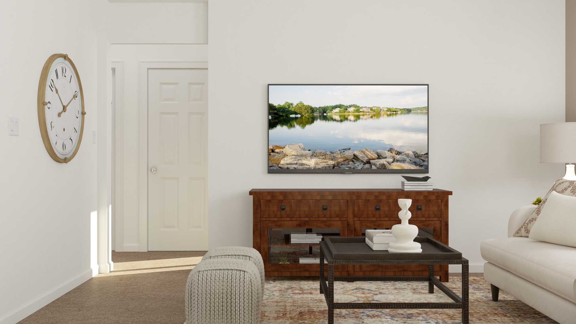 A living room with a large painting.