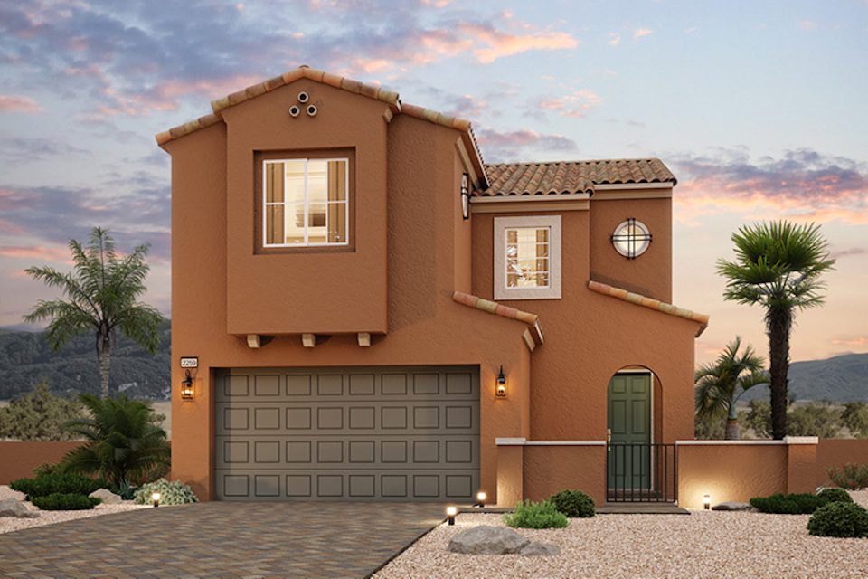 A house with a garage and a clock on the roof.