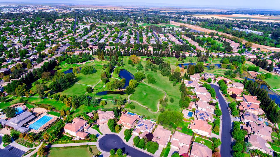 An aerial view of a neighborhood.