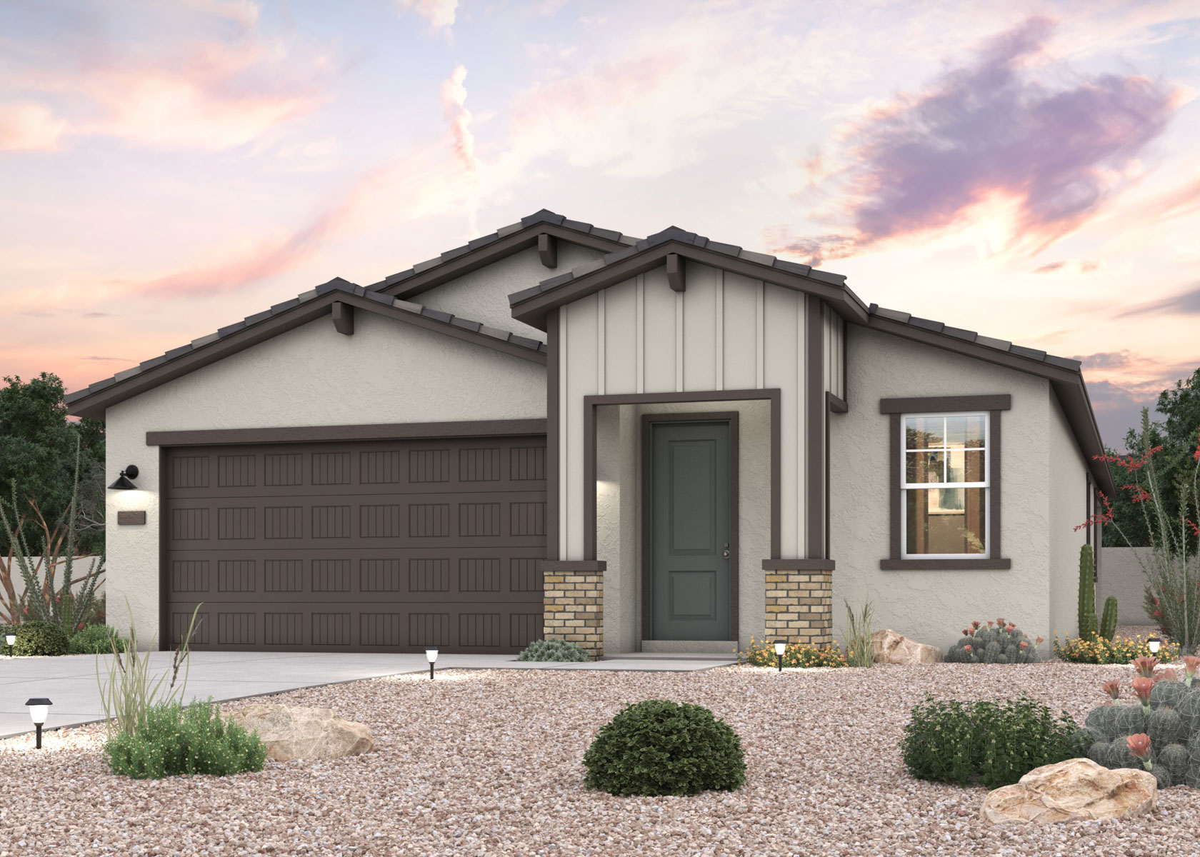 Twilight rendering of a new home for sale in Buckeye, AZ with 2 car garage at Montana Vista by Century Communities.