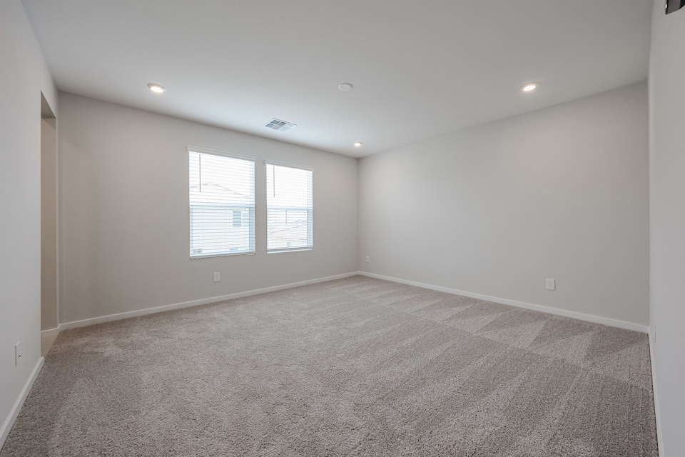 A room with a carpet and windows.