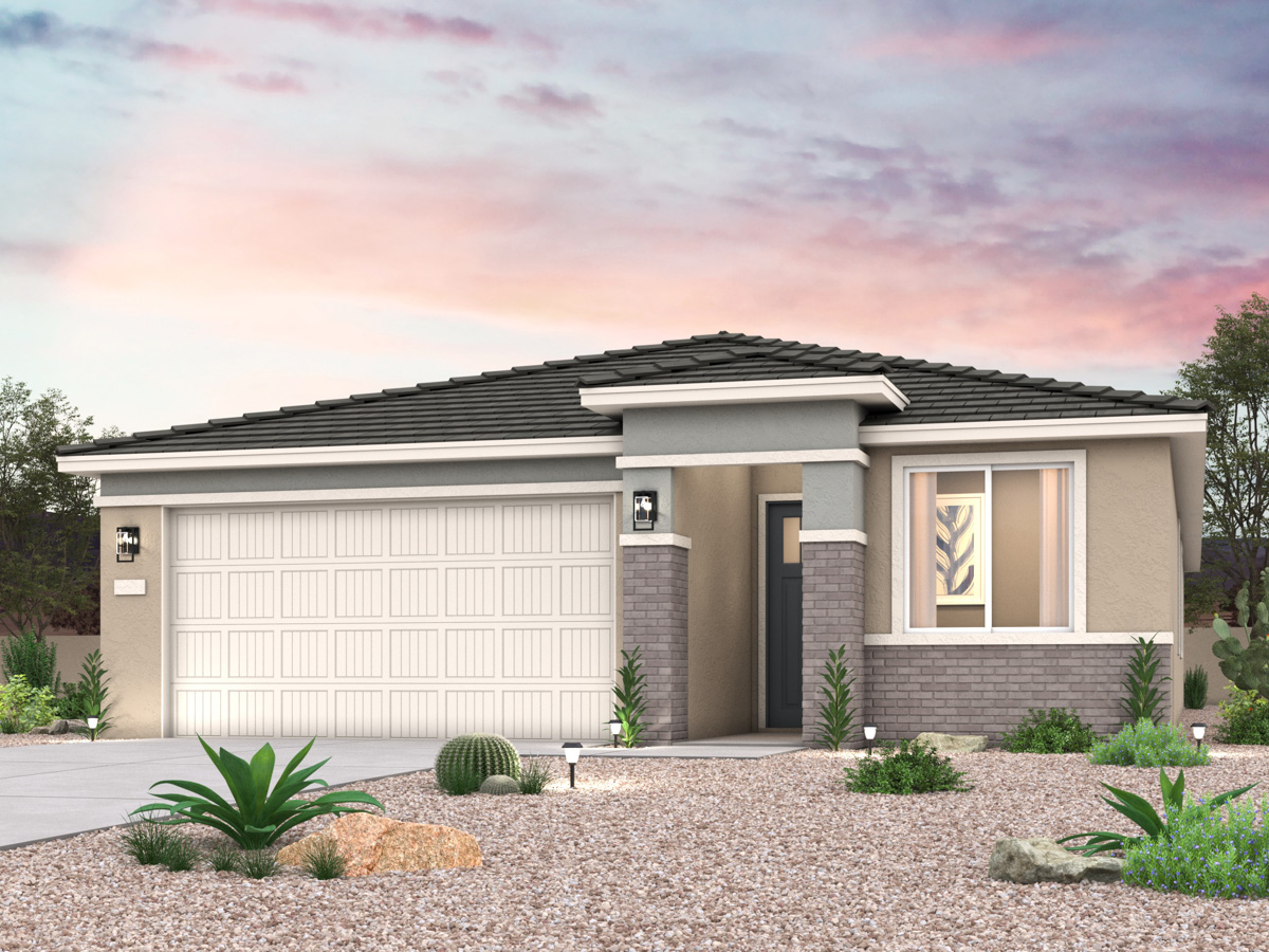 Twilight rendering of front of new home for sale in San Tan, AZ with 2 car garage in the beautiful Skyline Village community with pool.