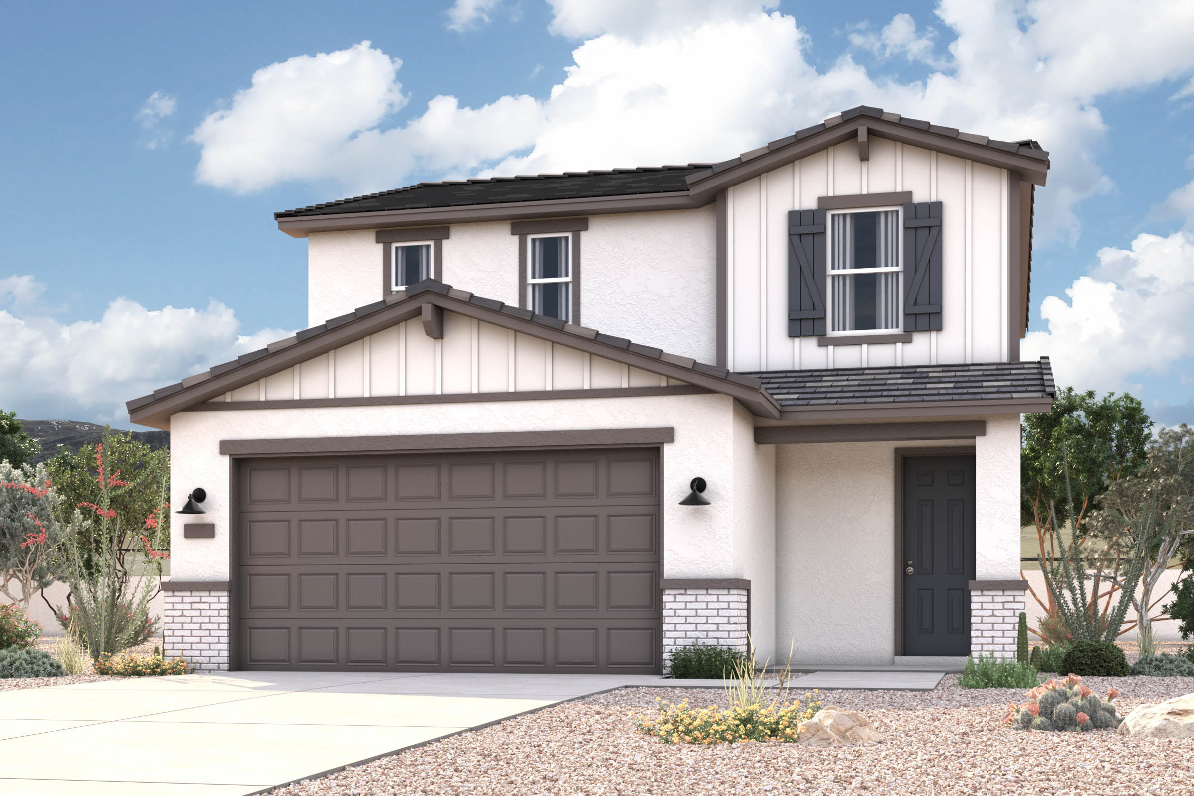 Rendering of front of new home for sale in San Tan Valley, AZ at Skyline Village the Highlands Collection by Century Communities with 2 car garage.
