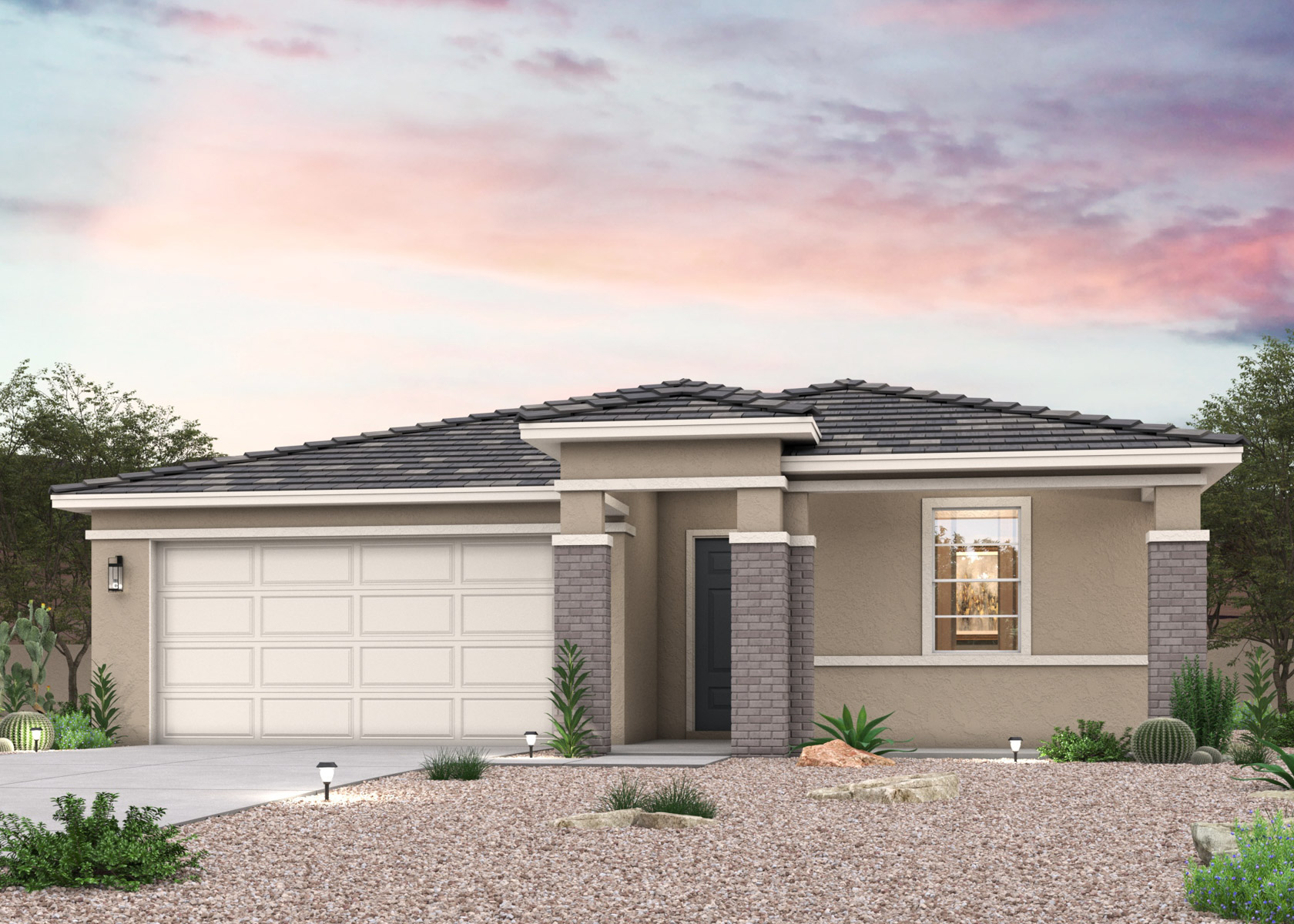 Twilight rendering of front of new home for sale in Buckeye, AZ with 2 car garage.