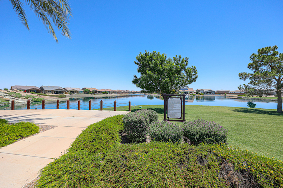 A path with bushes and trees by a body of water.