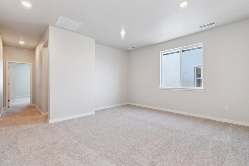 A room with a carpet and windows.