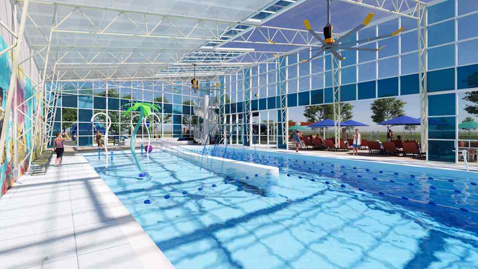 A large indoor swimming pool.
