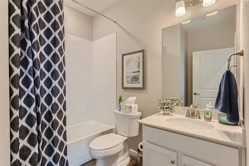 A bathroom with a shower curtain.