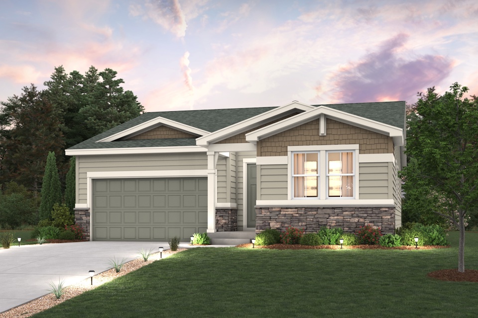 A house with a garage and trees.