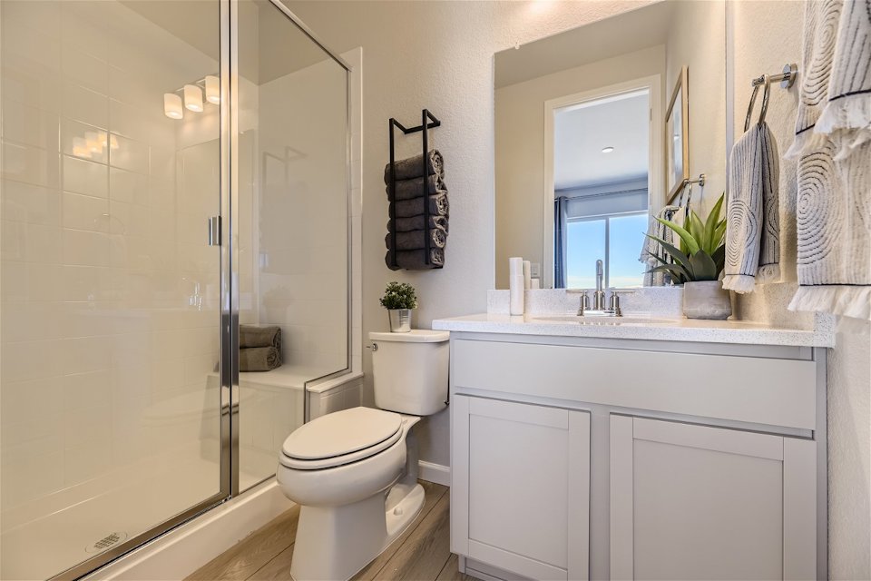 A bathroom with a shower and toilet.