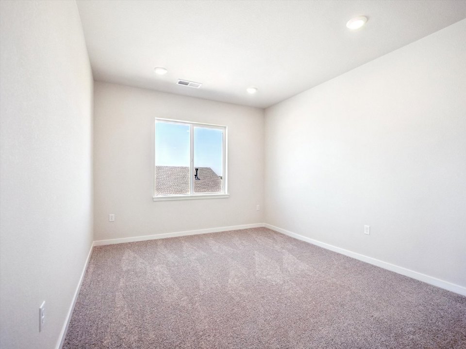 A room with a carpet and a window.