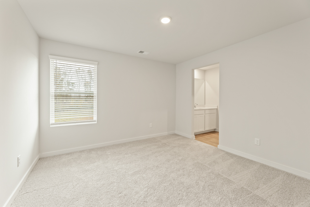 A room with a carpet and a window.