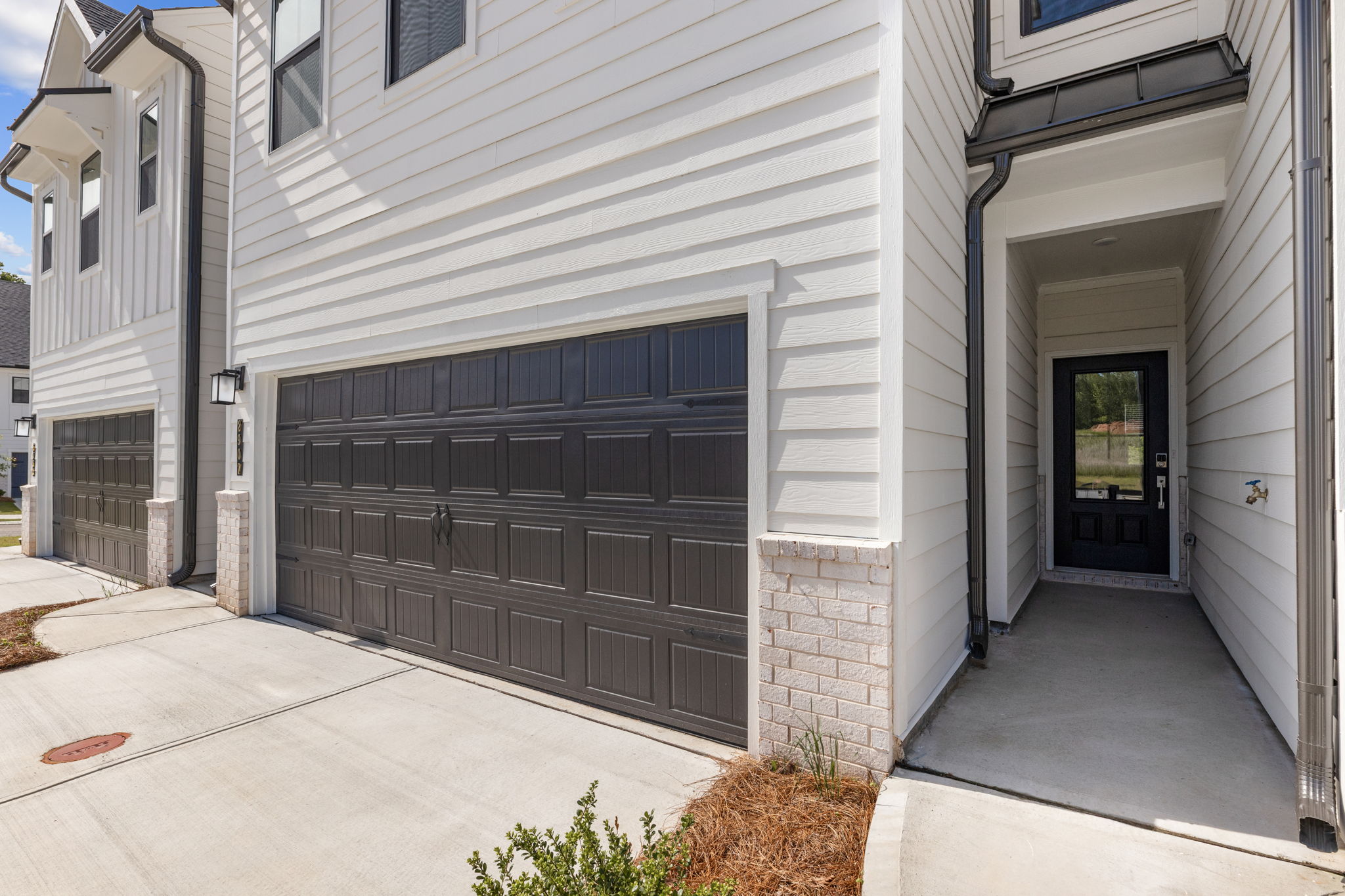 A garage door on a house.