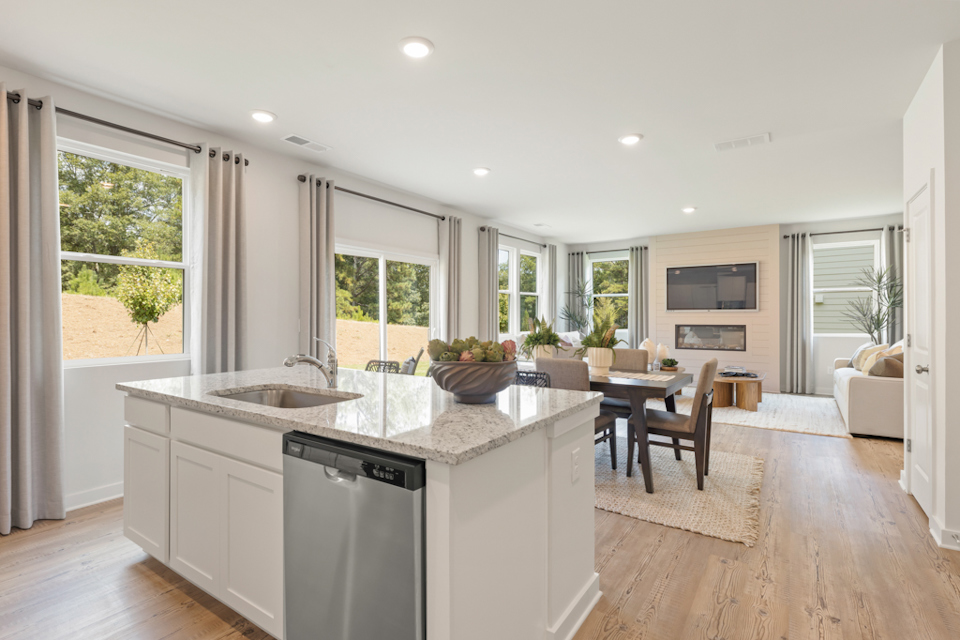 A kitchen with a large island.