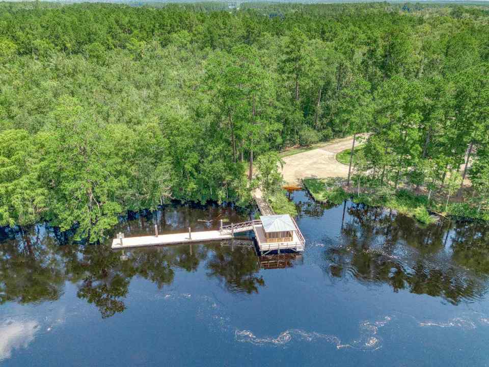 A dock on a lake.