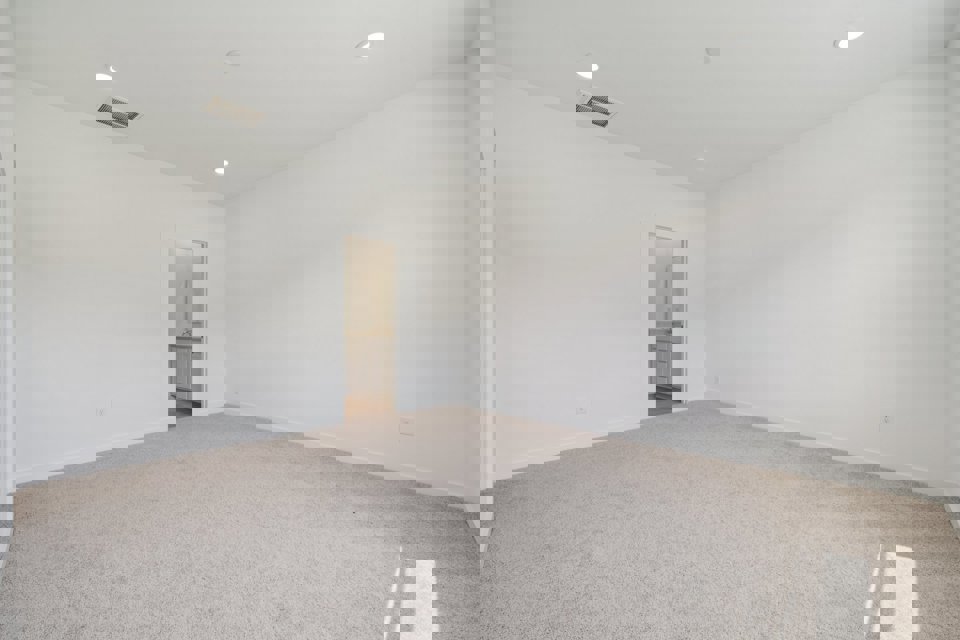 A room with a carpet and a door.