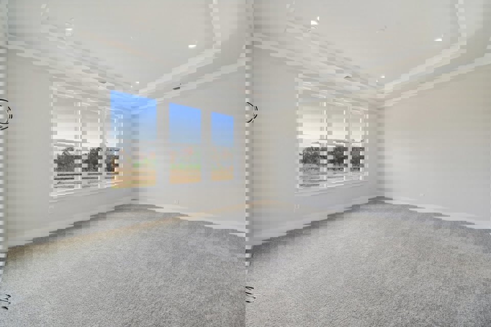 A room with a window and a carpet.
