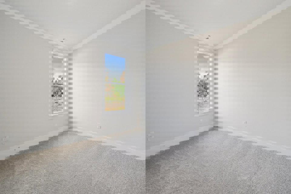 A room with a window and a carpet.