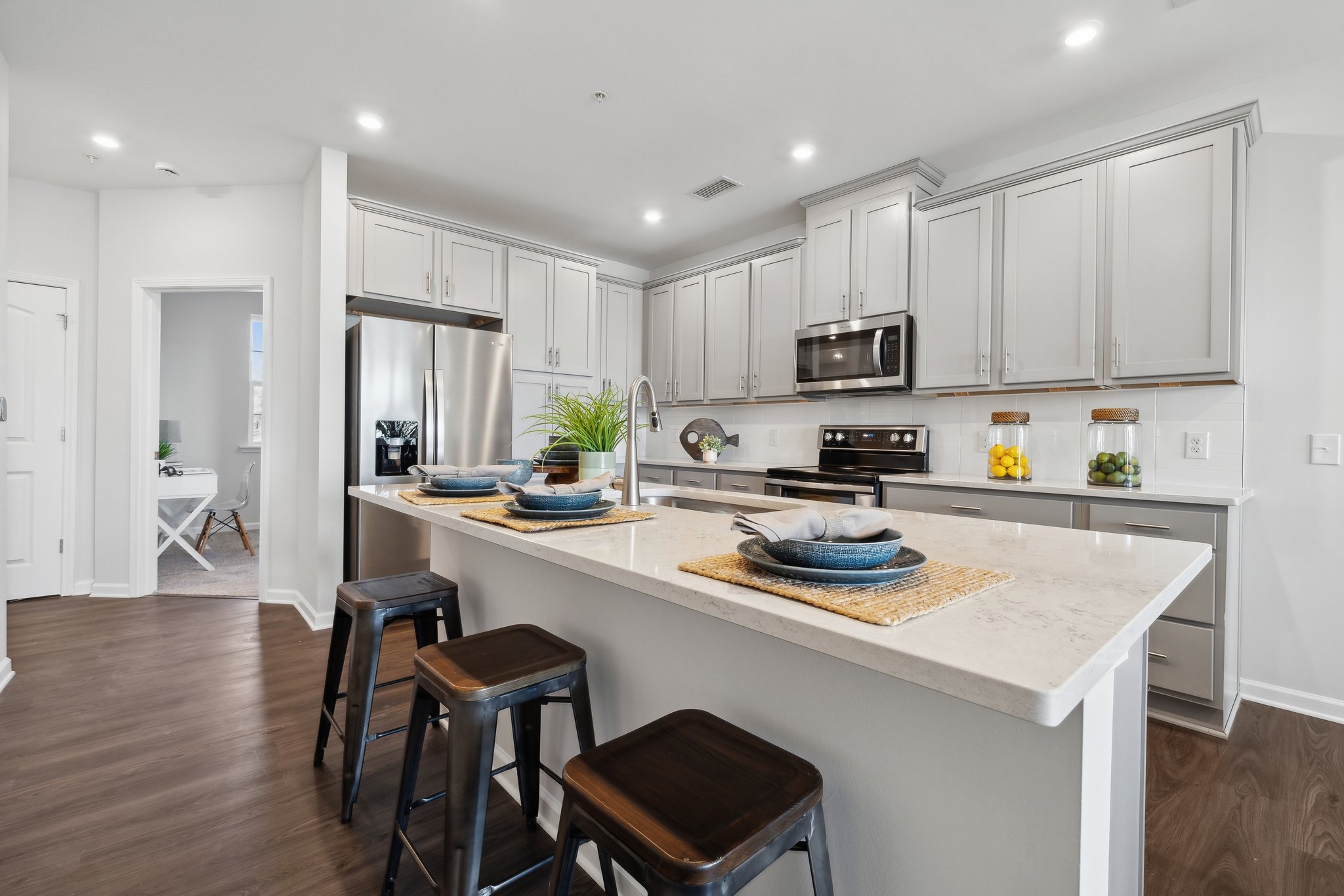 A kitchen with a large island.