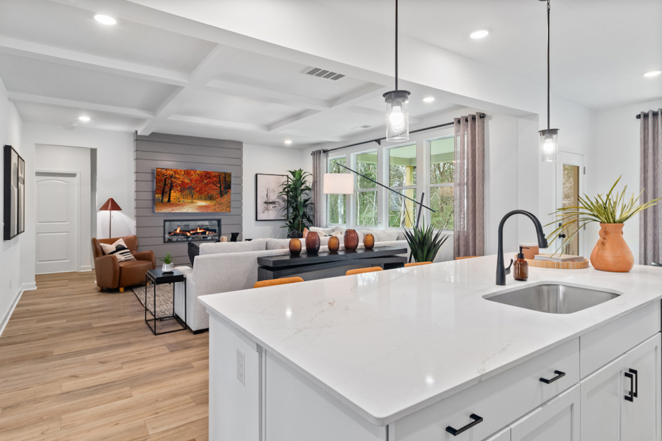 A kitchen with a large island.