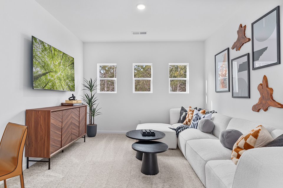 A living room with a couch and a coffee table.