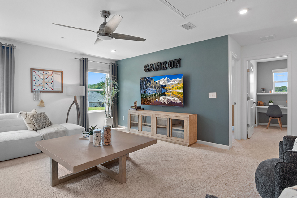 A living room with a blue wall.