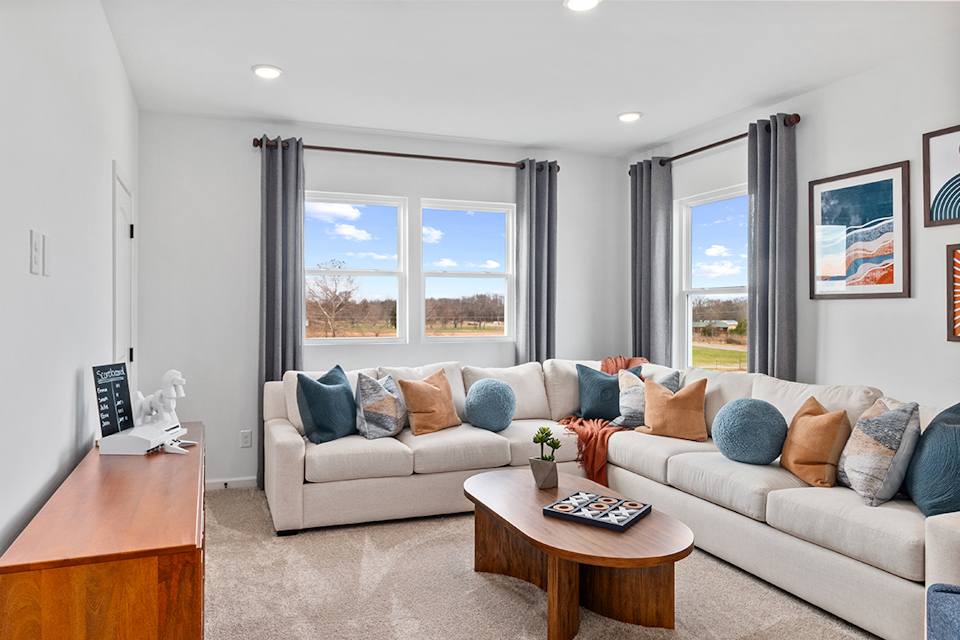 A living room with a couch and a coffee table.