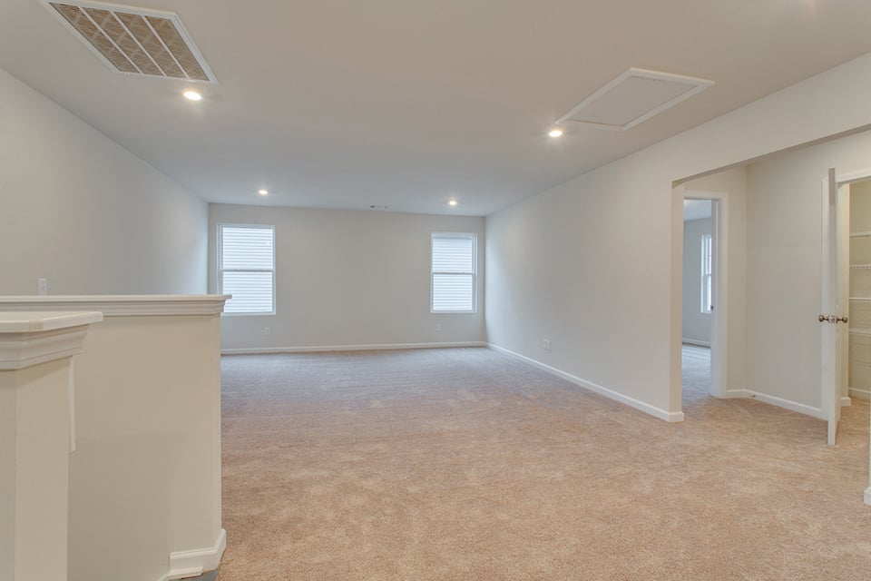 A room with a carpet and windows.