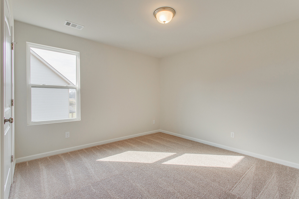 A room with a rug and a window.