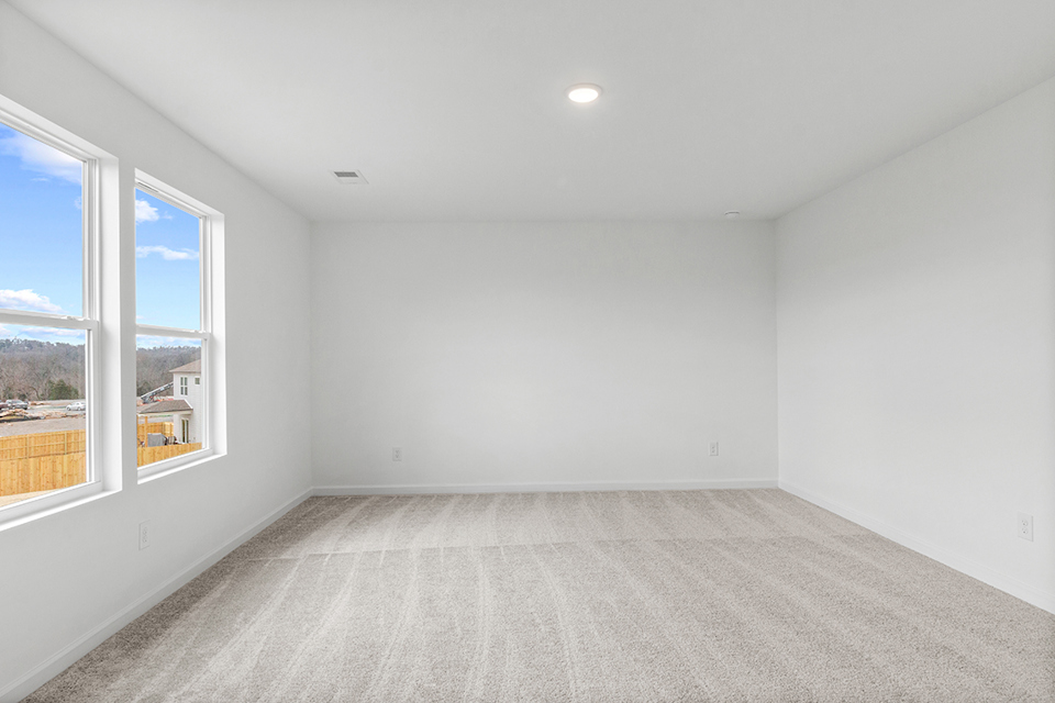 A room with a carpet and windows.
