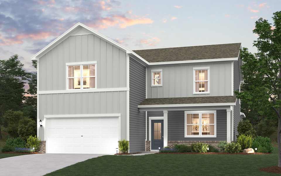 A grey house with a garage.