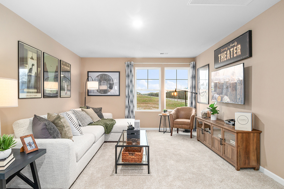 A living room with a couch and a coffee table.