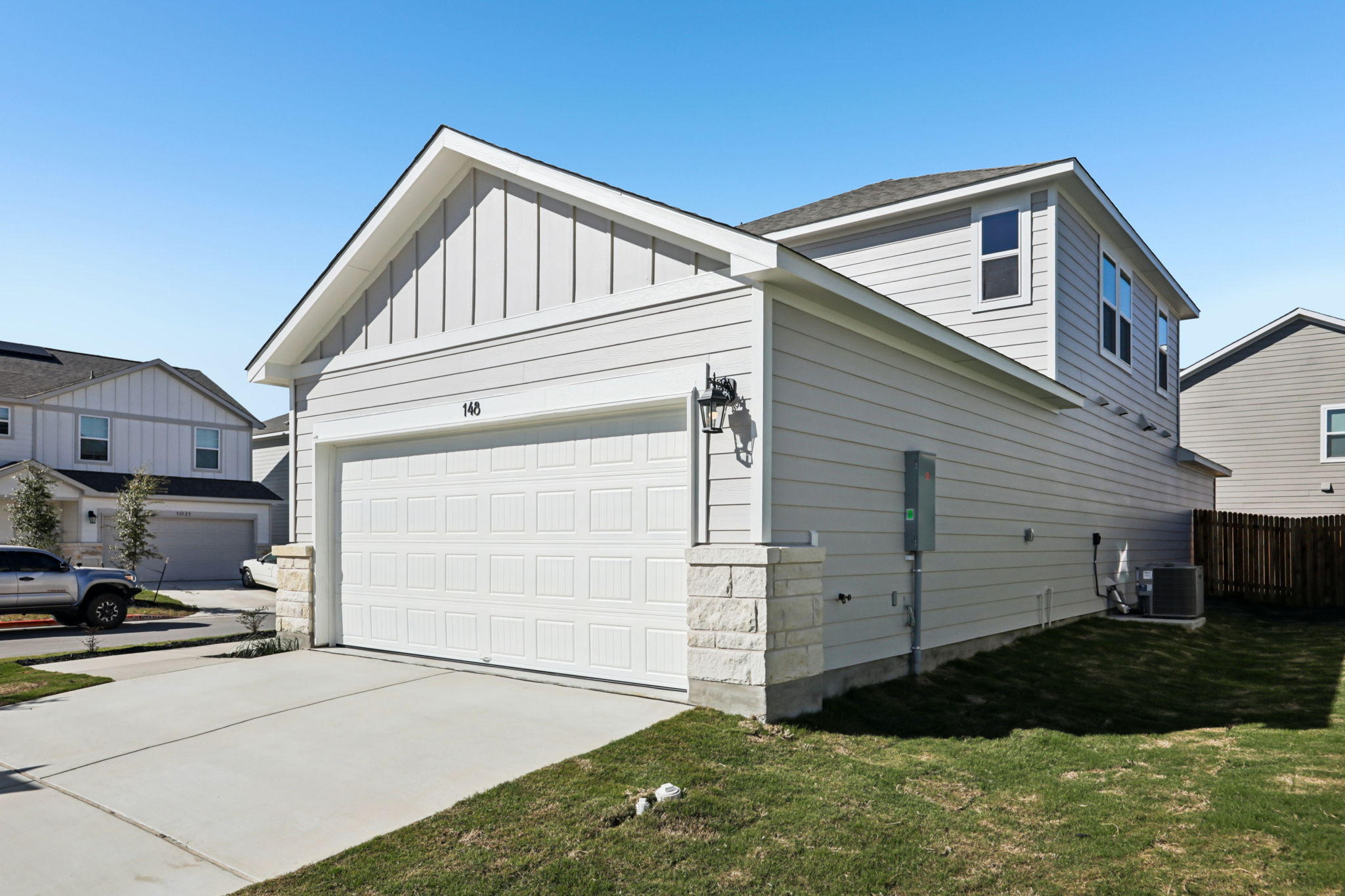 A white garage with a garage.