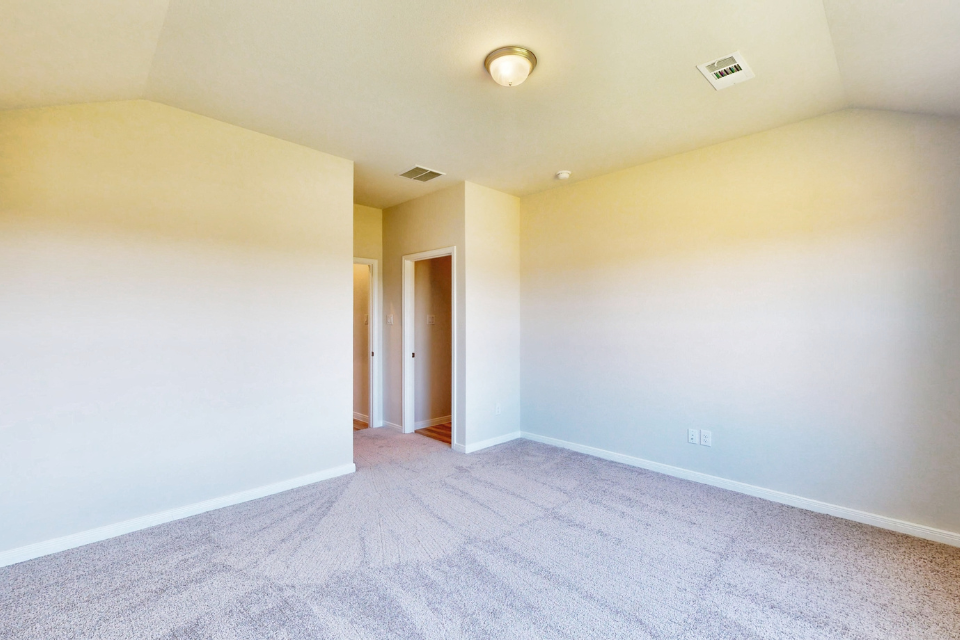 A hallway with a carpet.