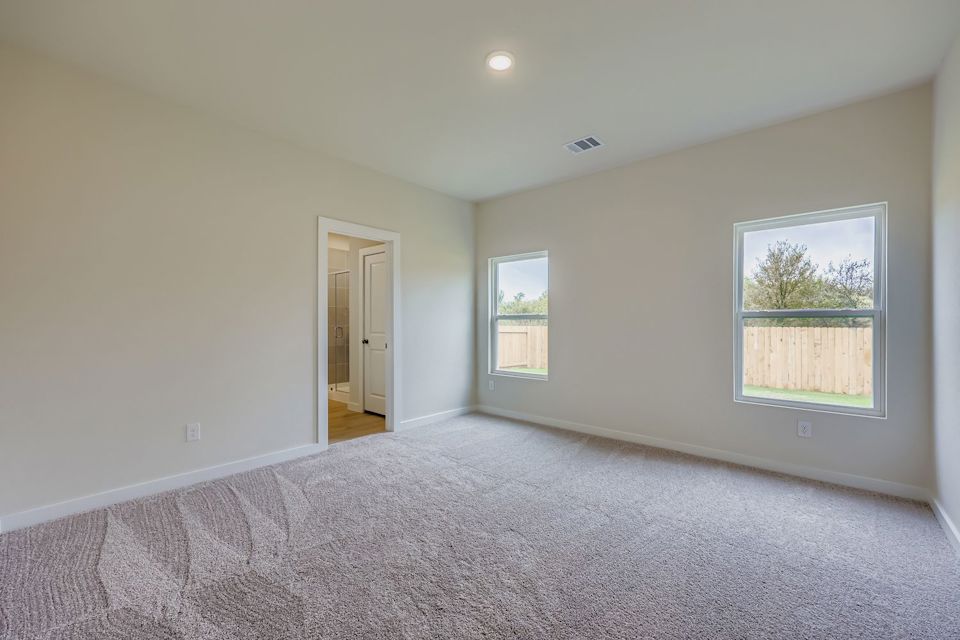 A room with a carpet and windows.