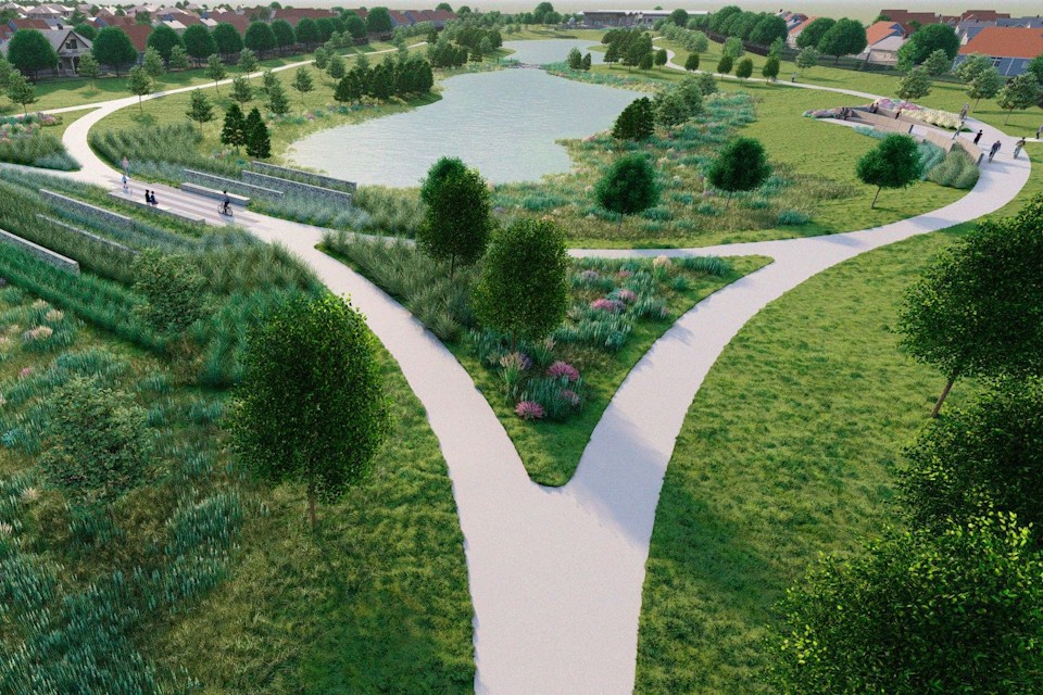 A park with a pond.