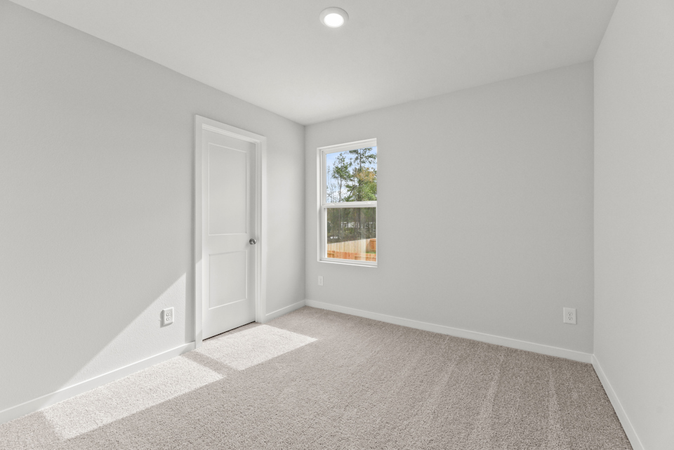 A room with a window and a rug.