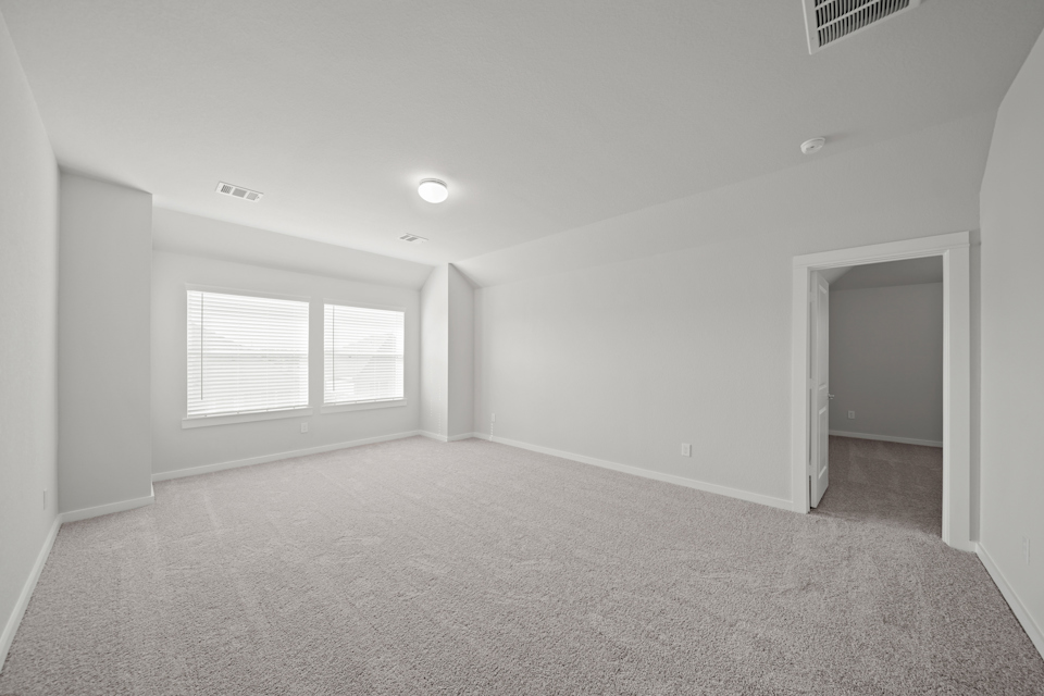 A room with a carpet and windows.