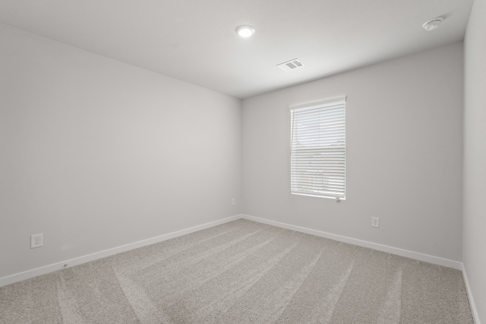 A room with a rug and a window.