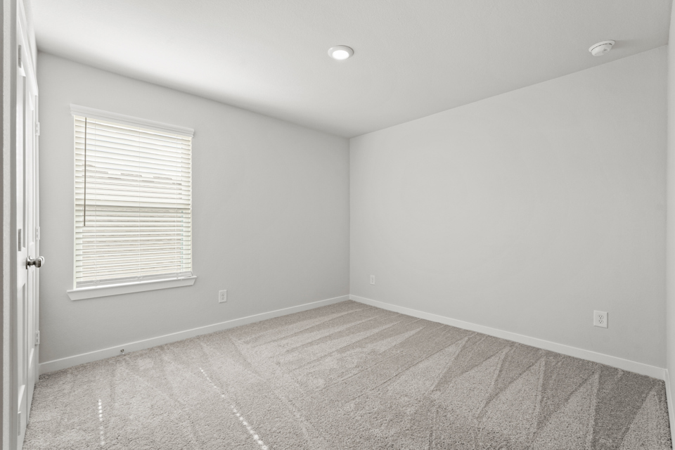 A room with a window and a rug.