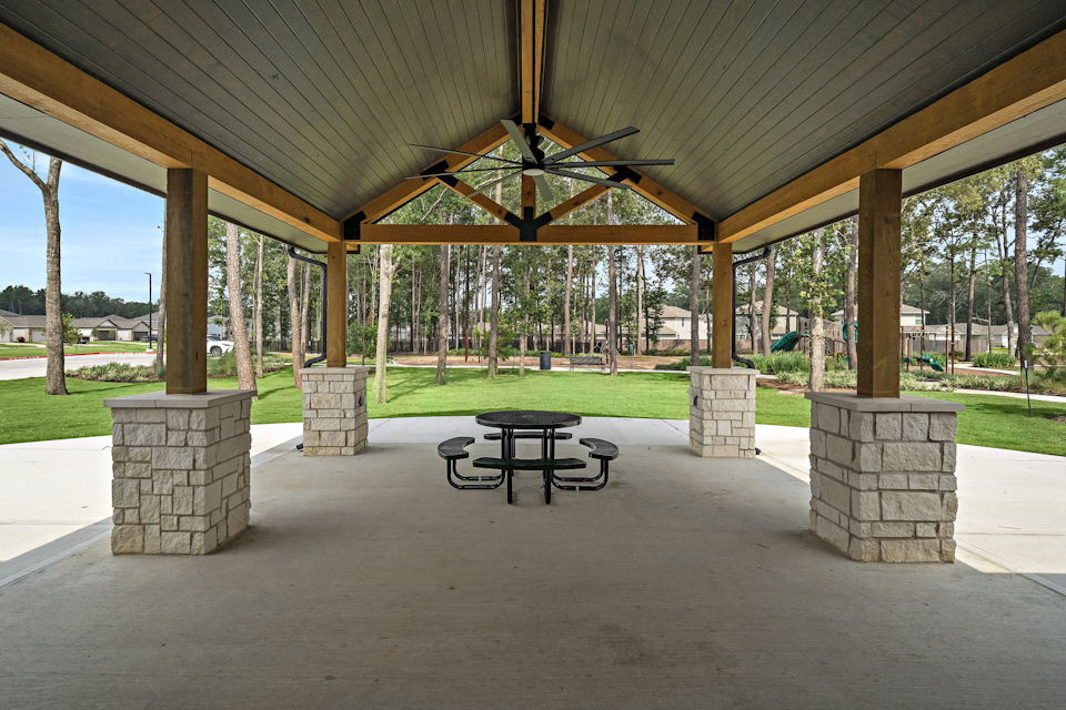 A table under a covered area.