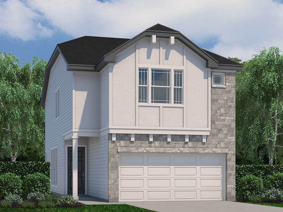 A grey house with a garage.