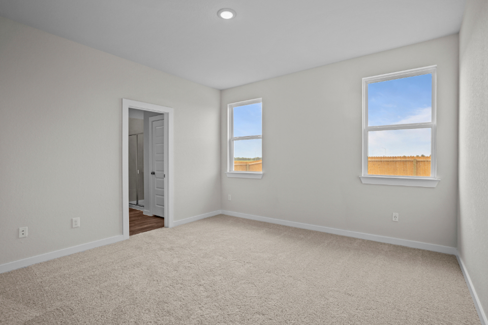 A room with a carpet and windows.