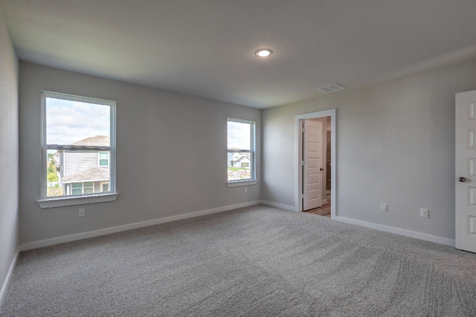 A room with a carpet and windows.