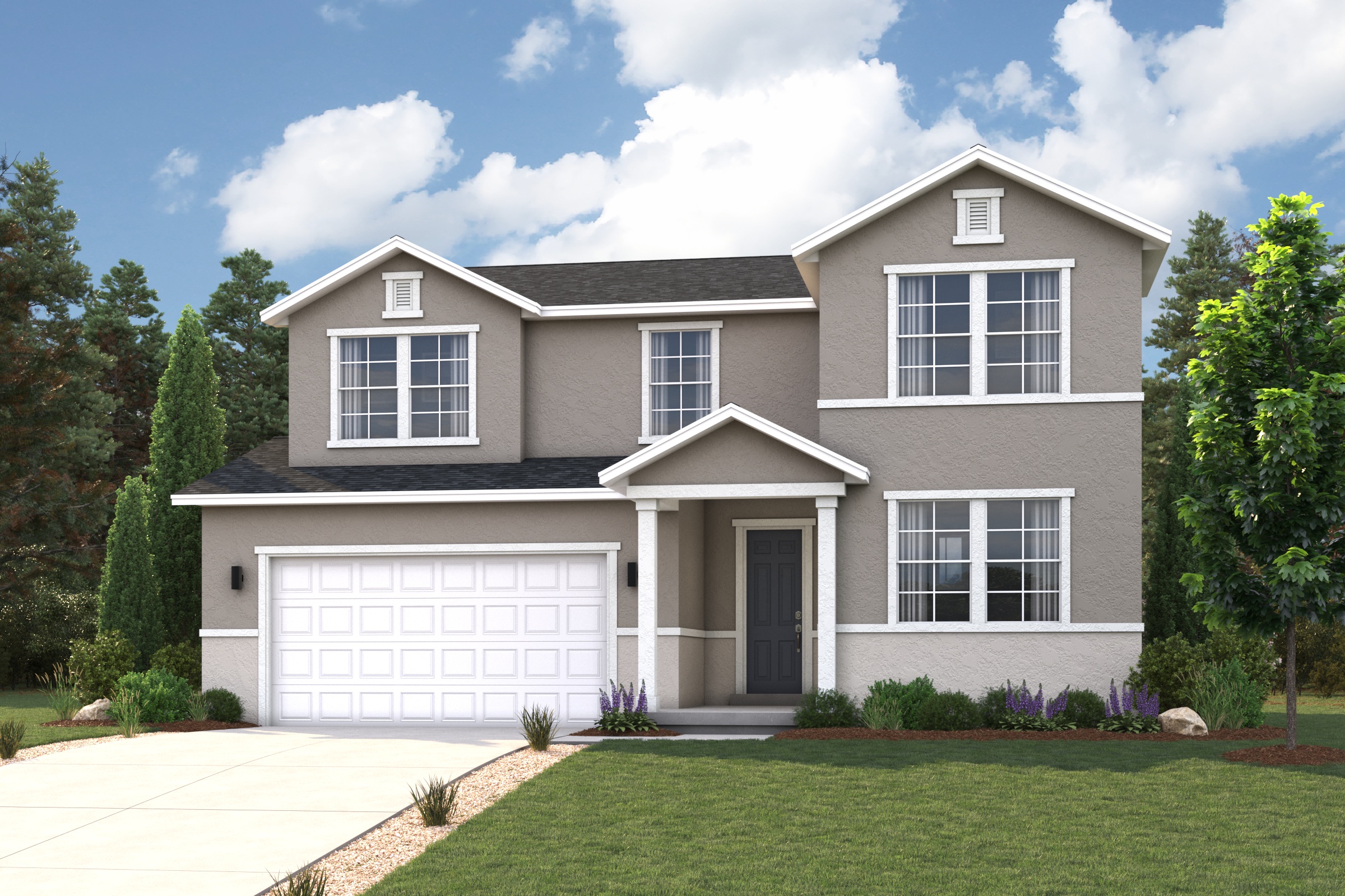 A house with a garage and trees.