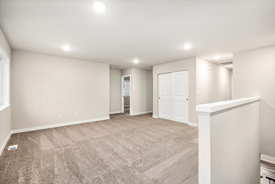 A room with white walls and a carpet.