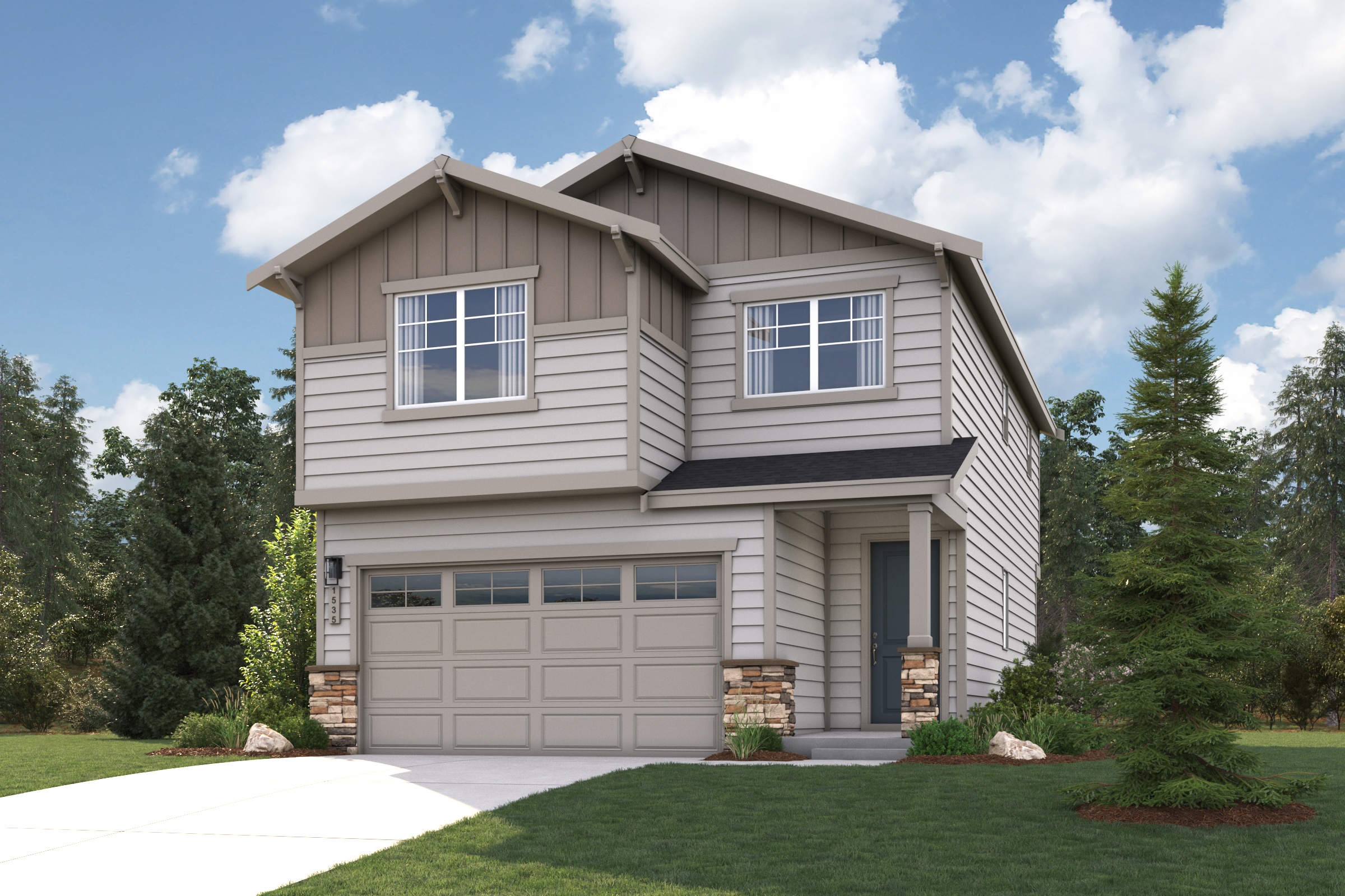 A house with a garage and trees.