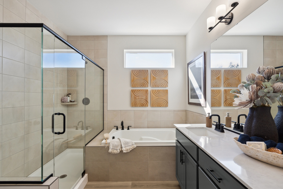 A bathroom with a glass shower.