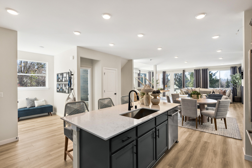 A kitchen with a large island.